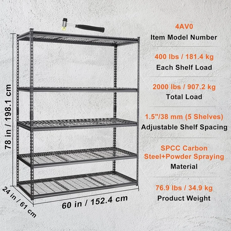 VEVOR Lagerregal 5-stufig verstellbar 907,2 kg Kapazität Garagenregale, Metall-Organizer Drahtregal schwarz 152,4 x 61 x 198,1 cm für Küche, Speisekammer Keller Badezimmer Wäscheschrank – Bild 8