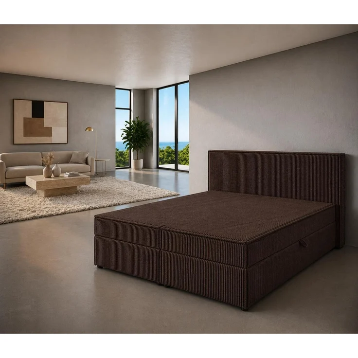 KRISAN MÖBEL Kontinentallbett ASTI Stoff POSO-Cord in Braun 180 × 200 x 106 cm Bett mit Bettkasten und Topper inklusiv Bronze – Bild 2