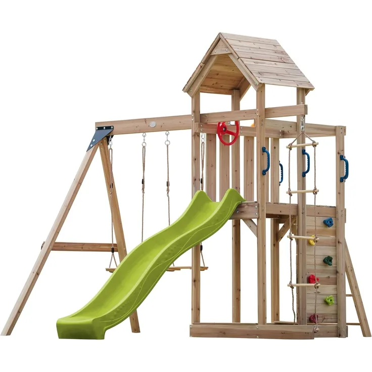 AXI Moos Spielturm aus Holz mit 2 Schaukeln & Strickleiter XXL Spielhaus / Spielplatz für Kinder mit Kletterwand, Sandkasten & Rutsche in Hellgrün | Braun, Gelb | Holz | 375 cm