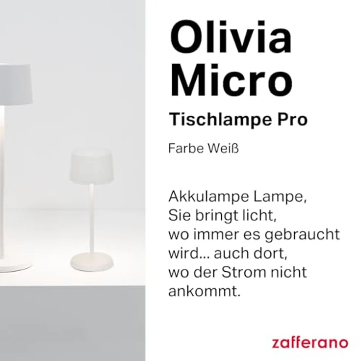 Zafferano, Olivia Micro Lampe, Kabellose, Wiederaufladbare Tischlampe mit Touch Control, Auch für den Außenbereich Geeignet, Dimmer, 2200-3000 K, Höhe 20 cm, Farbe Weiß – Bild 3