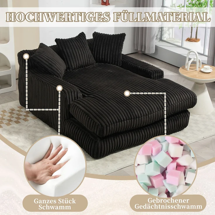 Chaiselongue Cord Sessel Indoor 125x155 cm Lounge-Sofa Relax-Sessel mit Kissen für Wohnzimmer Schlafzimmer,schwarz – Bild 7