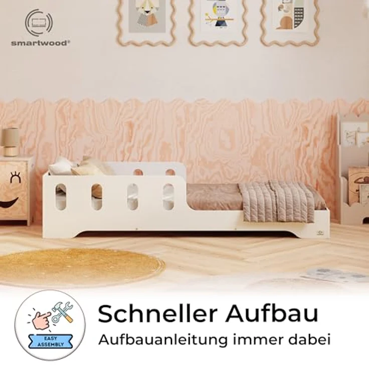smartwood Kinderbett 70x140 cm in Weiß - Montessori Bodenbett mit Rausfallschutz & Lattenrost - Aus handbemaltem Sperrholz - Sicher für Jungen und Mädchen - Einfache Montage - TILA 6 – Bild 5