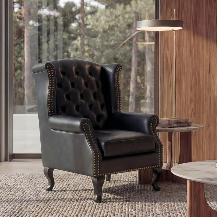 Sessel Relaxsessel Clubsessel Ohrensessel Chesterfield, Kunstleder ~ schwarz ohne Ottomane