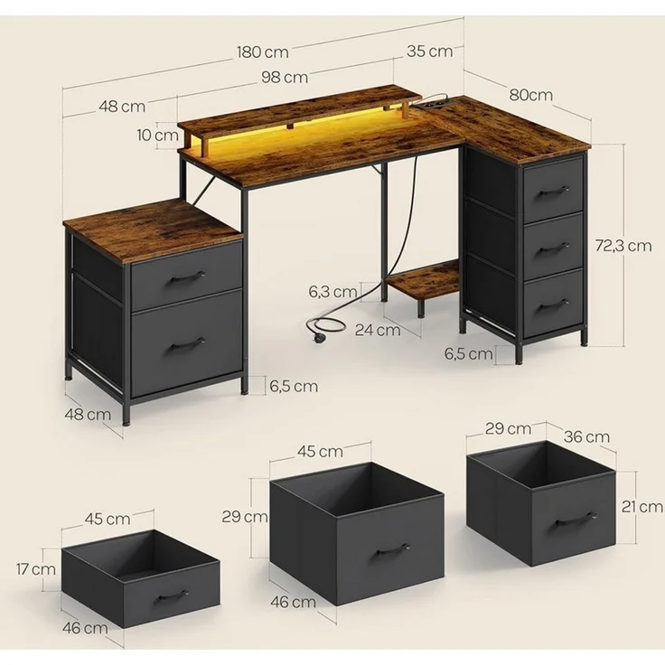 Woltu Eckschreibtisch, Schreibtisch L Form 180x80cm mit 5 Schubladen 2 Ablagen&Steckdosen LED – Bild 3
