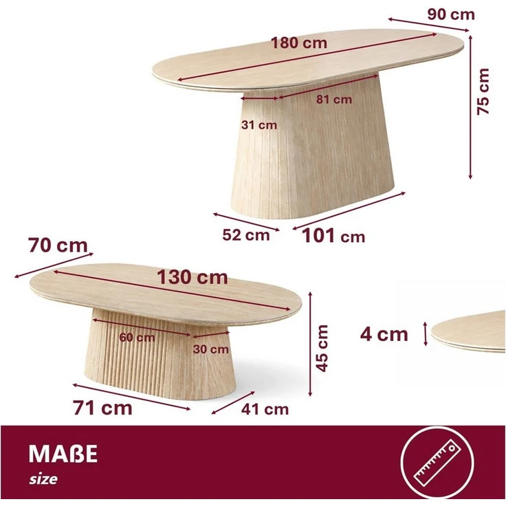 HOOZ Wohnzimmertisch Couchtisch & Esstisch Set oval Keramikplatte 130x70cm & 180x90cm Sand (Set, 1× Esstisch, 1× Couchtisch), Keramik-Tischplatte, verschiedene Varianten, pflegeleicht & stabil – Bild 4