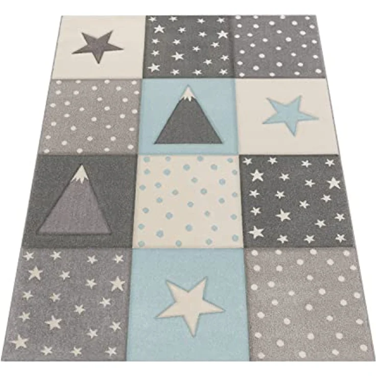 Paco Home Kinderteppich Cosmo 340, rechteckig, Höhe: 17 mm, Kurzflor, Pastell-Farben, 3D Effekt, Motiv Berge, Punkte & Sterne – Bild 6