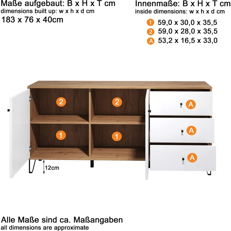 Trendteam 'Touch' Sideboard mit Soft-Close, Eiche Artisan weiß matt, 183 x 76 x 40 cm – Bild 6