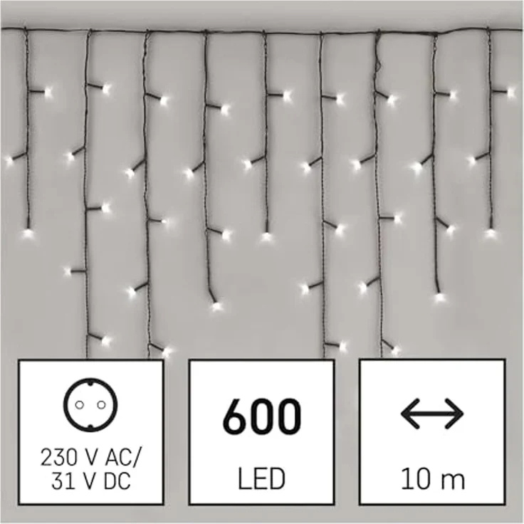 EMOS LED-Eisregen Lichterkette, 10m Weihnachtslichterkette + 5m Zuleitung, 600 LEDs, 8 Lichtmodi, Netzteil mit Timer 6h/18h, IP44 für Innen und Außen, Kaltweiß – Bild 3