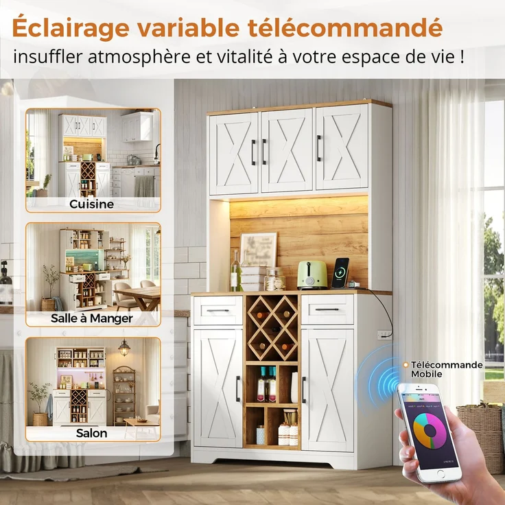 ZUBALIYA hoher Stauraumschrank mit LED-Beleuchtung / Vorratsschrank mit Weinregalen, mit weinschrank & Vitrinenschrank für Wohnzimmer und Esszimmer, 180 x 105 x 40 cm, fürs Wohnzimmer, mit Schubladen – Bild 24