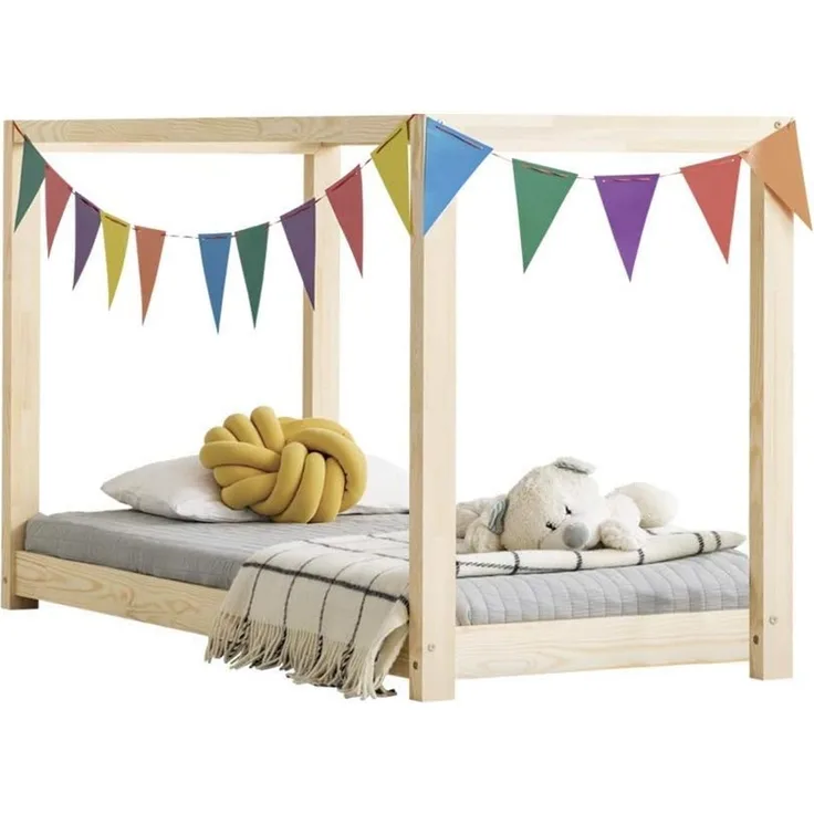 Selsey DALIDDA – Kinderbett Himmelbett mit Lattenrost Kiefernholz skandinavisch naturbelassen, 70x160 cm