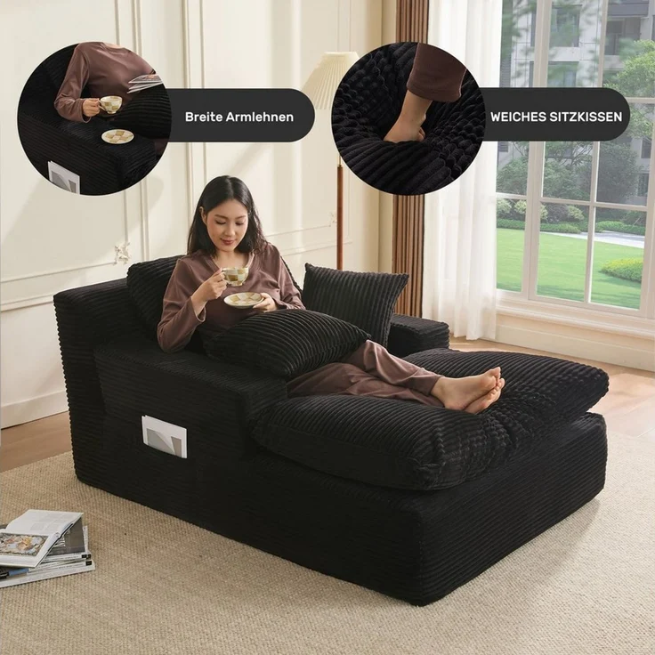 LITBIRD Chaiselongue 160 cm Loungesofa, Boneless Bodensofa & Schlafsofa mit Schlaffunktion, 1 Teile, Platzsparendes Cloud Sofa mit Armlehnen für Wohnzimmer – Bild 4