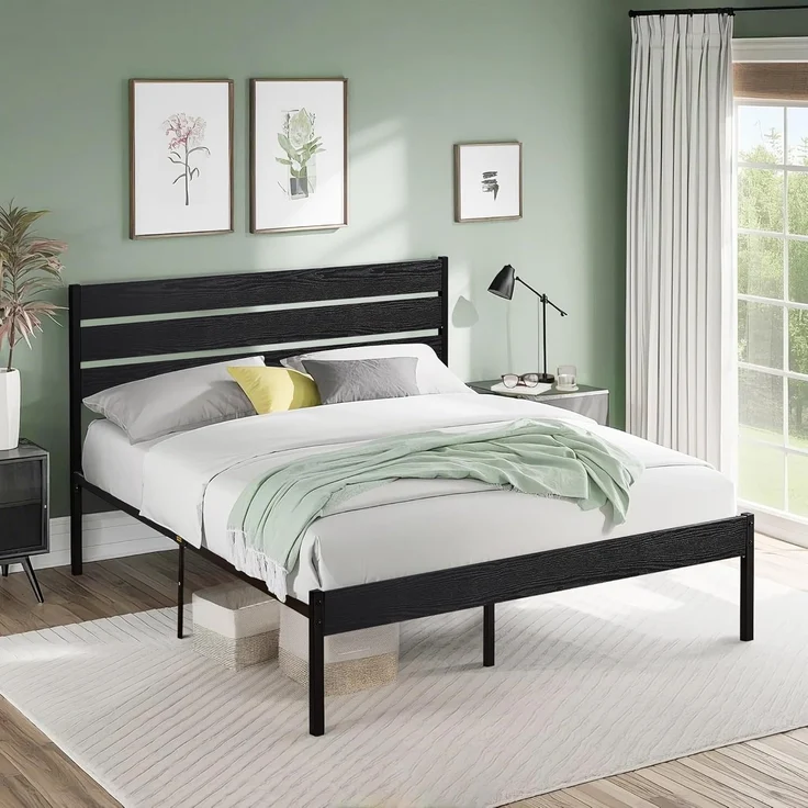 VECELO Bettgestell 140x200 cm, Metallbett mit Dick Holzkopfteil und Lattenrost, Doppelbett mit Stauraum unter dem Bett, perfekt für Schlafzimmer, Schwarz – Bild 7