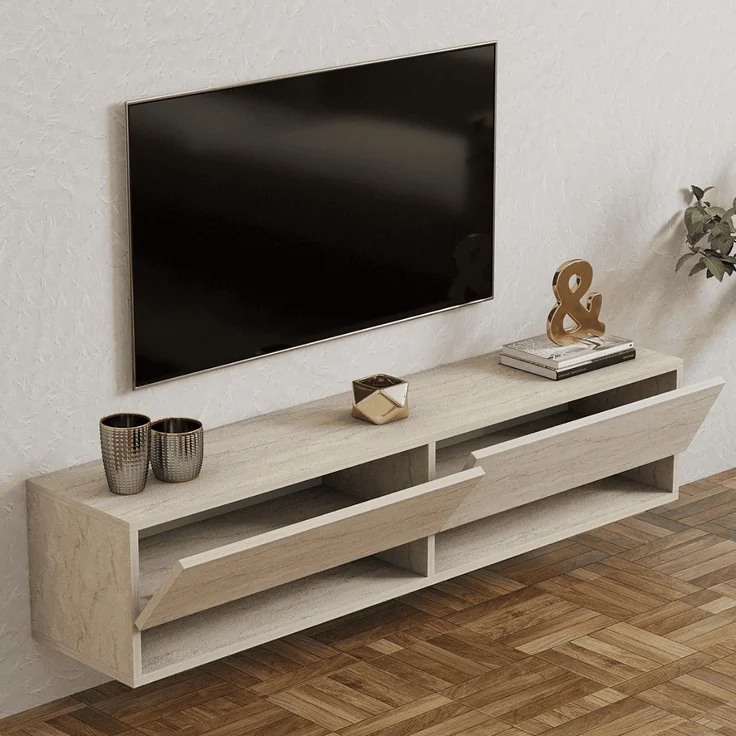 Calicosy Hängendes TV-Möbel mit 2 Klapptüren, Travertin-Dekor L141 cm - ARGES - Beige – Bild 4