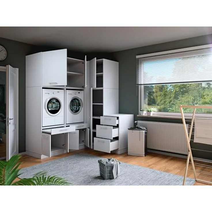 Laundreezy Waschraum Komplett-Set, Weiß - Modulares Schranksystem für Waschküche & Hauswirtschaftsraum - 203 x 238 x 68 cm (B/H/T) – Bild 2