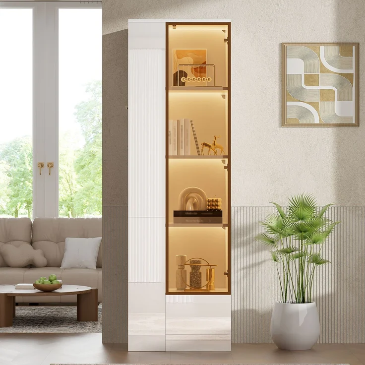 Vitrine mit Glastür & LED-Beleuchtung – Hochglanz-Schrank mit Schubladen & offenen Fächern, viel Stauraum für Wohnzimmer & Esszimmer, Weiß, 50x35x160 cm--Weiß--50x35x160cm--YOUDENOVA – Bild 10