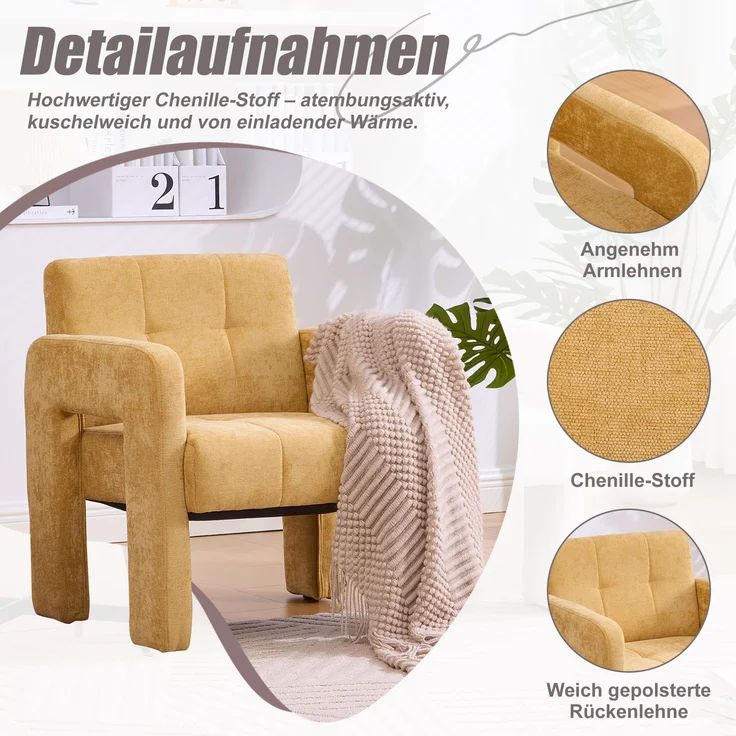 Sessel Chenille modern Relaxsessel Wohnzimmer Sitzlandschaft Lounge Sitz,Senfgelb – Bild 7
