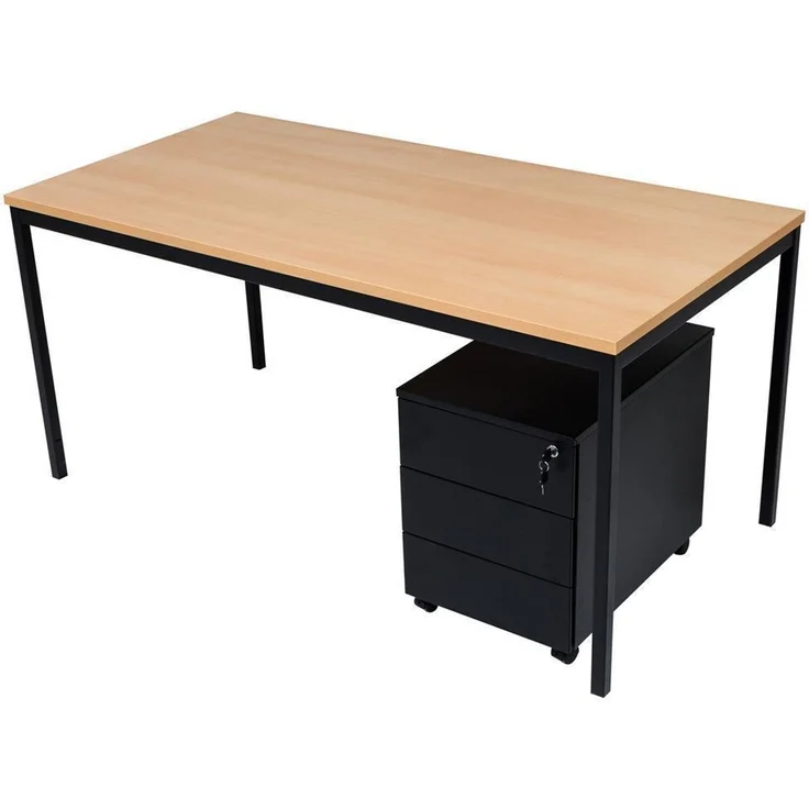 Schreibtisch und Stahl Rollcontainer, 3 Schübe, Buche, 160x80x75 cm – Bild 3