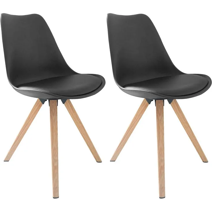 byLIVING Esszimmerstuhl 2er Set Kira / Kunstoff, Kunstleder in schwarz / Gestell Metall in Eiche-Optik foliert / Esszimmerstuhl / Wohnzimmerstuhl / bis 110 kg / B 48, H 86, T 55,5 cm