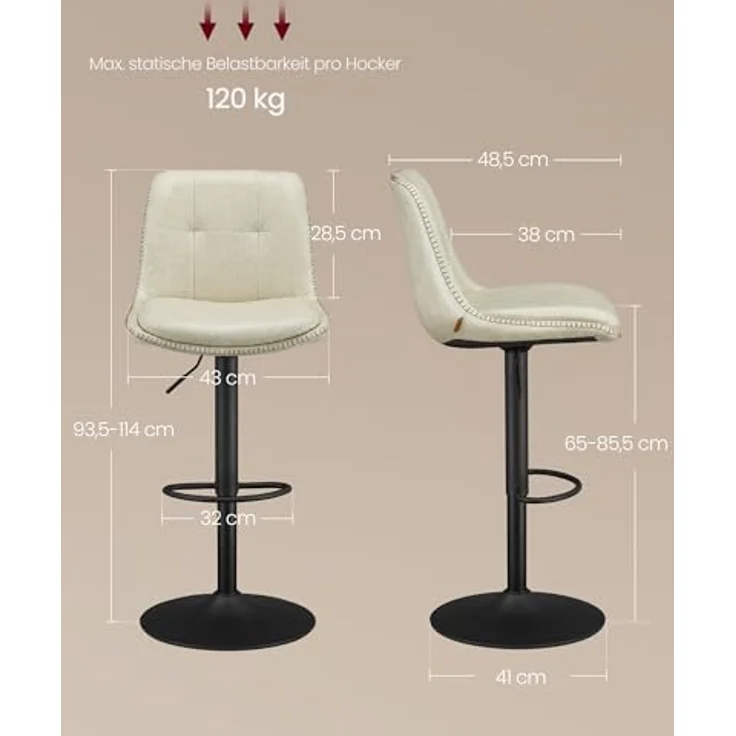 VASAGLE Barhocker 2er Set, Barstühle höhenverstellbar, drehbare Küchenhocker, PU-Bezug, mit Rückenlehne und Fußstütze, Esszimmer, Theke, hellwarmweiß-Mattschwarz LJB095W101 – Bild 3