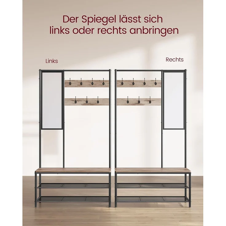VASAGLE Kleiderständer, Garderobe, Garderobenständer mit Haken, Spiegel, Sitzbank, 35 x 98 x 180 cm, für Eingangsbereich, Schlafzimmer, Wohnzimmer, Industrie-Stil, Kamelbraun-tintenschwarz HSR415K01 – Bild 4