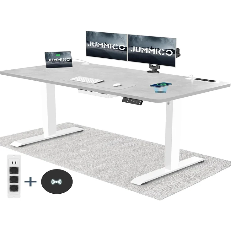 JUMMICO Höhenverstellbarer Schreibtisch mit Kabelloser Ladestation und Euro-Steckdose mit USB, Schreibtisch Höhenverstellbar Elektrisch Stehtisch, Standing Desk (Grau 180x80cm)