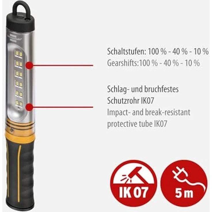 Brennenstuhl LED Arbeitsleuchte WL 550, Ein-/Ausschalter, mehrere Helligkeitsstufen, LED fest integriert, Tageslichtweiß, mit 5 m Kabel – Bild 3
