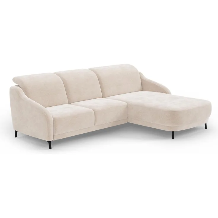CAVADORE Ecksofa Blue/Moderne Eckcouch mit Longchair, inklusiv Kopfteilverstellung, Vorziehsitz motorisch und mattschwarzen Metallfüßen / 271 x 93 x 191 / Mikrofaser, Beige