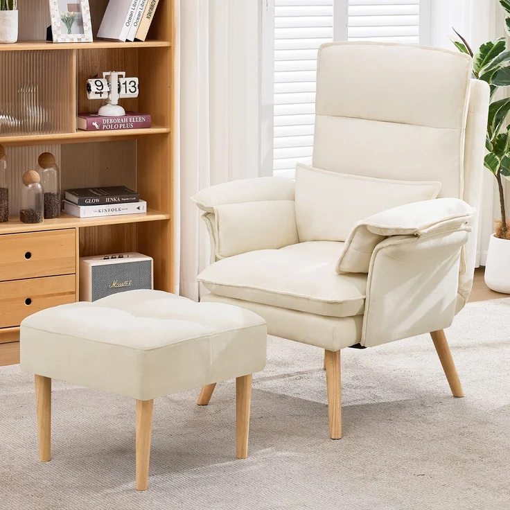 Merax Relaxsessel mit Hocker, 5-fach verstellbarer Liegesessel, gepolsterter Lesesessel & Fernsehsessel mit Kopf- und Armlehnenkissen, Polstersessel mit Holzbeinen, Beige – Bild 2