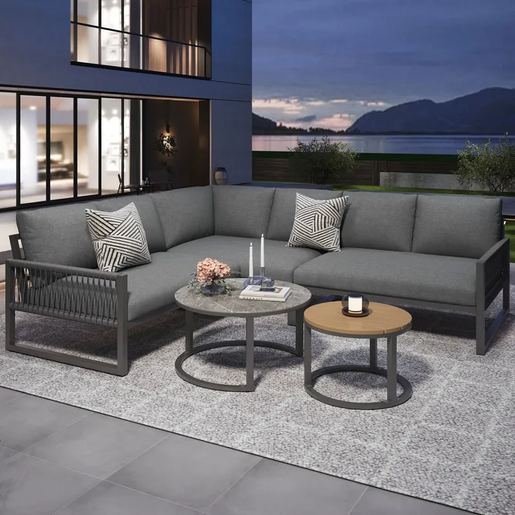 Merax Gartenlounge-Set 5-tlg, Gartensofa mit 2 Gartentisch, Gartenmöbelset Loungegartenmöbel Balkonmöbel für 6 Personen, Balkonmöbel aus Seil, Grau