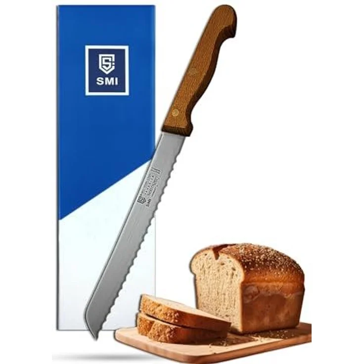 SMI Brotmesser Solingen Brotmesser 20 cm Wellenschliff Brötchenmesser Buchenholz – Bild 1