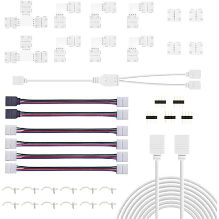 REDTRON LED Strip Verbinder Set, 10mm 4-polig RGB 5050, inklusive L- und T-förmige Eckverbinder, Verlängerung und Befestigungsclips
