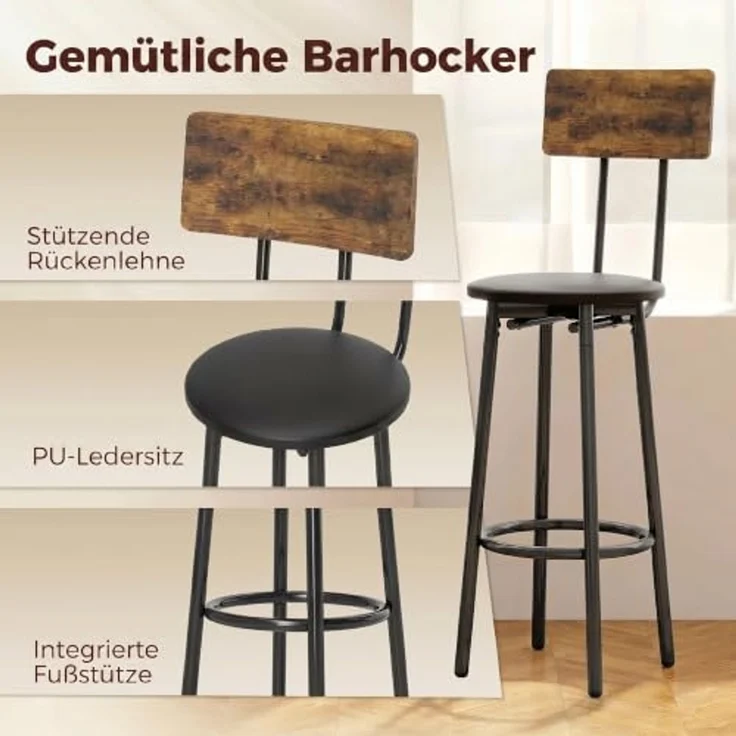 HOMCOM Bargruppe Bartisch mit Barhocker-Set Esstisch mit 2 Gepolsterten Stühlen, (Set, 3-tlg, 1 Tisch, 2 Hocker), Gepolsterte Barhocker, offene Ablage, platzsparend – Bild 5