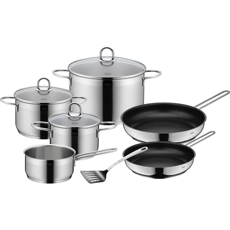 SILIT Diamant Topfset Induktion 7-teilig, Kochtopf Set mit Glasdeckel, Pfanne mit Wender, Edelstahl poliert, Induktions Töpfe Set unbeschichtet, für alle Herdarten geeignet, ohne Innenskalierung