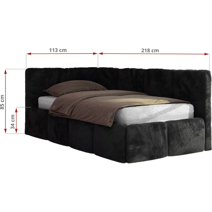 Jugendbett 90x200 ARVO Polsterbett mit Bettkasten, Stauraum & Gasdruckfeder, Modernes Design mit Kopfteil, Pocket Matratze - Schwarz Plüsch - VIRE LUX - Links Seite – Bild 3