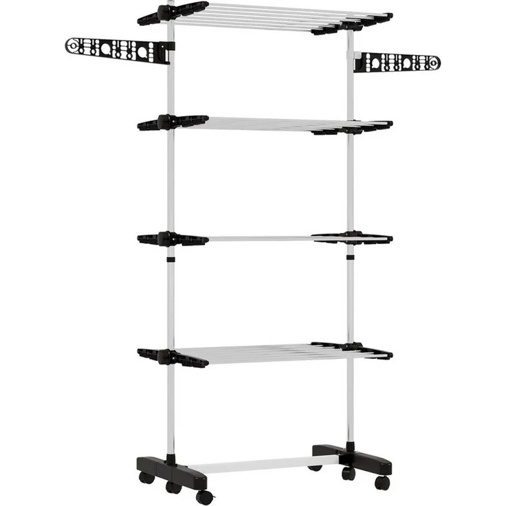 HOMCOM Wäscheständer Turm Standtrockner mit 4 Ebenen, klappbare Flügel, Rollen, für Indoor, Outdoor, Stahl Schwarz 80,142 x 55 x 172 cm – Bild 2