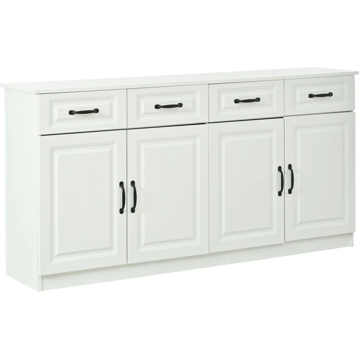 Merax 160cm Weißes Sideboard, Kommode aus MDF mit 4 Schubladen und 4 Türen, 2 Ablageflächen, geriffeltem Design und 8 Metallgriffen – Bild 9