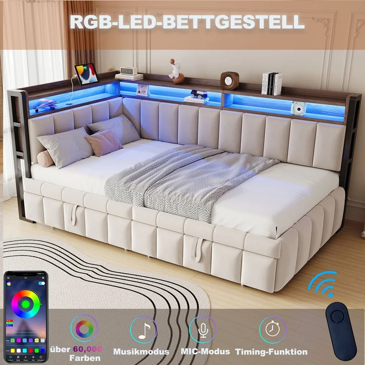 Merax Einzelbett, 90x200cm Polsterbett, Schlafsofa, mit Ausziehbett, LED-Beleuchtung und Ablagefächern am Kopf- und Fußende, Ausgestattet mit USB- und Typ-C-Anschlüssen, Samtstoff Beige – Bild 5