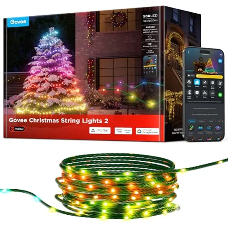 Govee RGBICW Weihnachtsbeleuchtung 500 LEDs Christmas Lights, 50M Smarte Lichterkette Innen für Weihnachtsbaum, APP-Steuerung,130+ Szenen-Modi, IP65, Kompatibel mit Alexa, Grünes Kabel – Bild 2