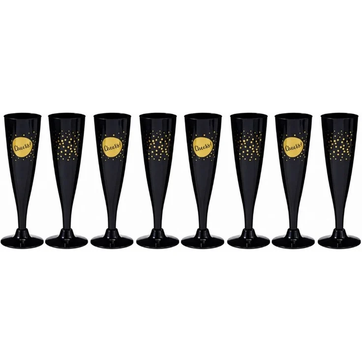 HAC24 Sektglas Sektgläser Sektkelche Sektflöten, 8-tlg, Kunststoff, 130 ml Schwarz-Gold Wiederverwendbar Spülmaschinenfest – Bild 1