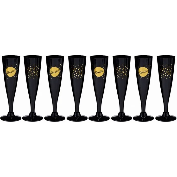 HAC24 Sektglas Sektgläser Sektkelche Sektflöten, 8-tlg, Kunststoff, 130 ml Schwarz-Gold Wiederverwendbar Spülmaschinenfest