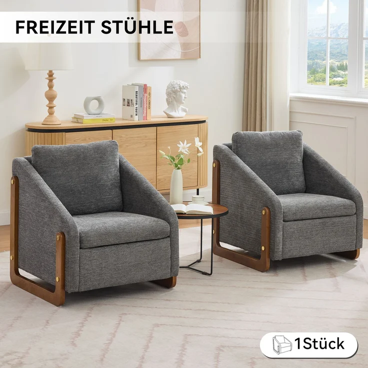Chenille-Grau Loungesessel mit Holzarmlehnen, ergonomischem Design, kompakter Größe & hoher Belastbarkeit – Bild 6