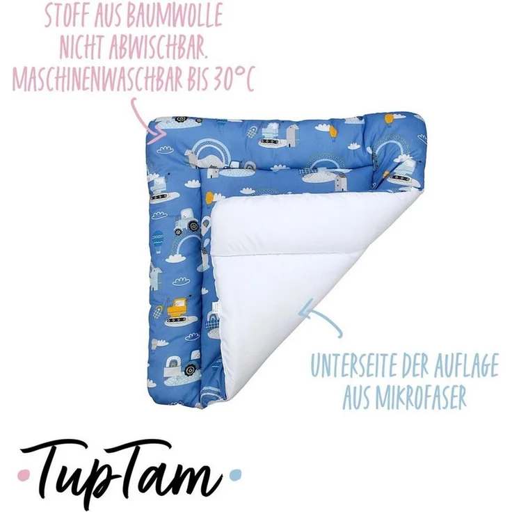TupTam Baby Wickeltischauflage mit Baumwollbezug Gemustert, Farbe: Traktoren/Regenbögen/Blau, Größe: 70x60 cm – Bild 2