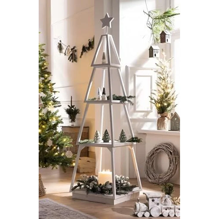 Dekoleidenschaft Standregal Dekotanne "Shabby White" aus Holz, weiß, Pyramide mit 4 Ebenen, 175 cm, hoch, Regal für Wohnzimmer, Küche & Bad, Weihnachtsbaum Alternative – Bild 1