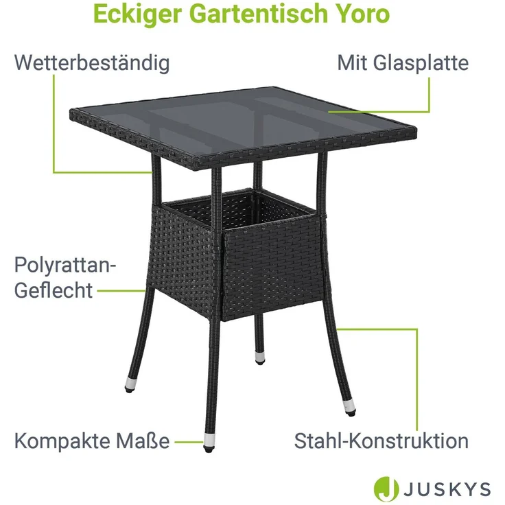 Juskys Polyrattan Gartentisch Yoro wetterfest - Balkontisch 60x60 cm eckig - Rattan Beistelltisch mit Glasplatte - kleiner Tisch für Balkon - Schwarz – Bild 2