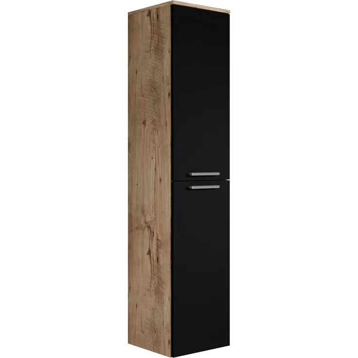 Badezimmerschrank Venus 30 x 30 x 160 cm - Eiche Kastanie mit mat Schwarz - hoher Hängeschrank mit 2 Türen