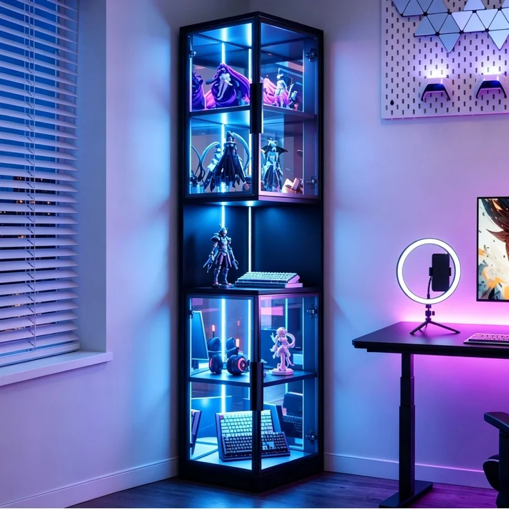 LED-Vitrine mit Glastüren & Spiegelrückwand, 42x44x205 cm, Schwarz – Bild 2