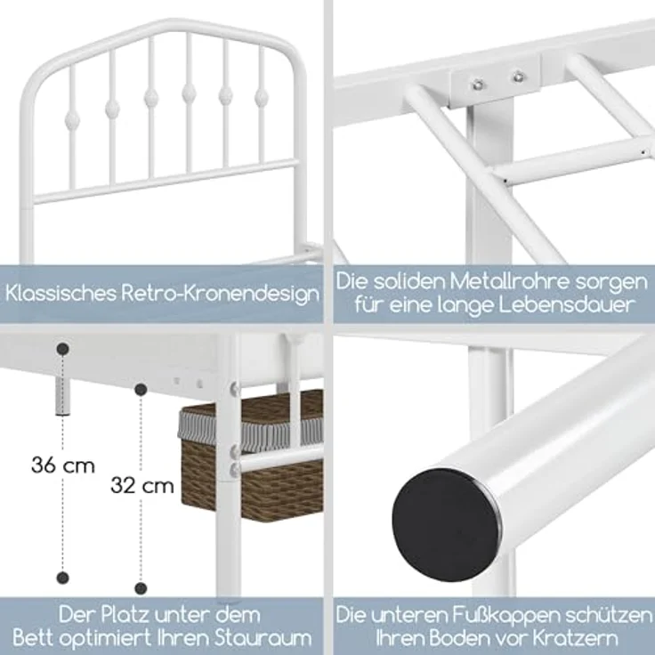 Yaheetech Bettrahmen 90 x 200 cm, Vintage Metallbett mit kronenförmigem Kopfteil, Stabiles Bettgestell Einzelbett aus Metall, Robust & Leichte Montage Gästebett Jugendbett Tagesbett, Weiß – Bild 8