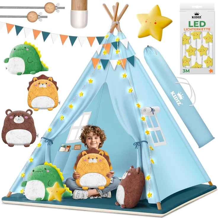 KIDIZ® Tipi Zelt für Kinder Spielzelt 100 x 100 x 160 cm Kinderzelt aus Baumwolle mit LED-Lichterkette, Leuchtstern, Fahnengirlande, 3 Plüschtiere, Untermatte & Tragetasche Spielhaus für drinnen & draußen Blau