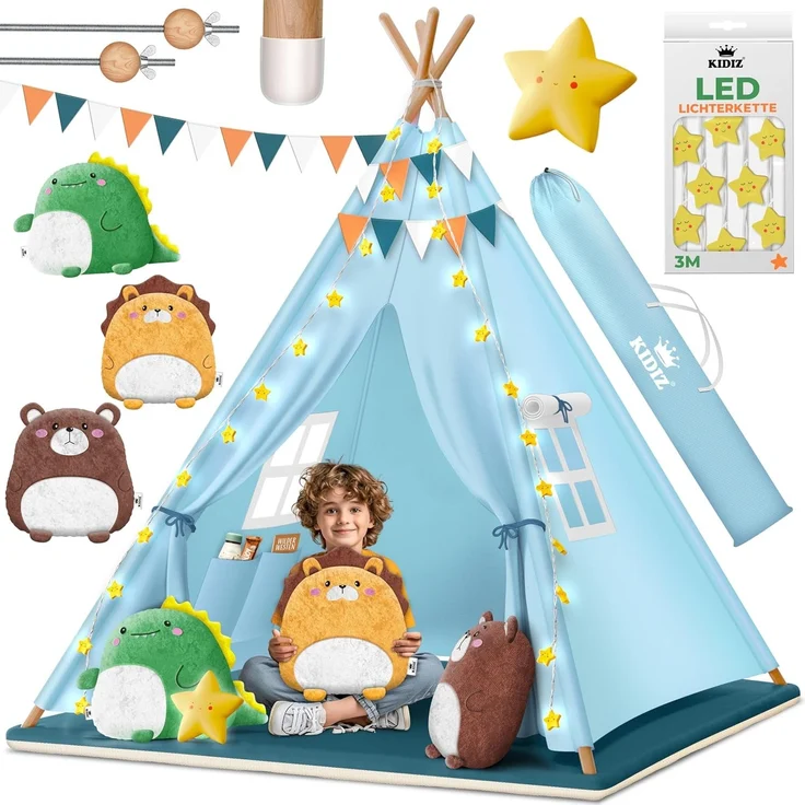 KIDIZ® Tipi Zelt für Kinder Spielzelt 100 x 100 x 160 cm Kinderzelt aus Baumwolle mit LED-Lichterkette, Leuchtstern, Fahnengirlande, 3 Plüschtiere, Untermatte & Tragetasche Spielhaus für drinnen & draußen Blau