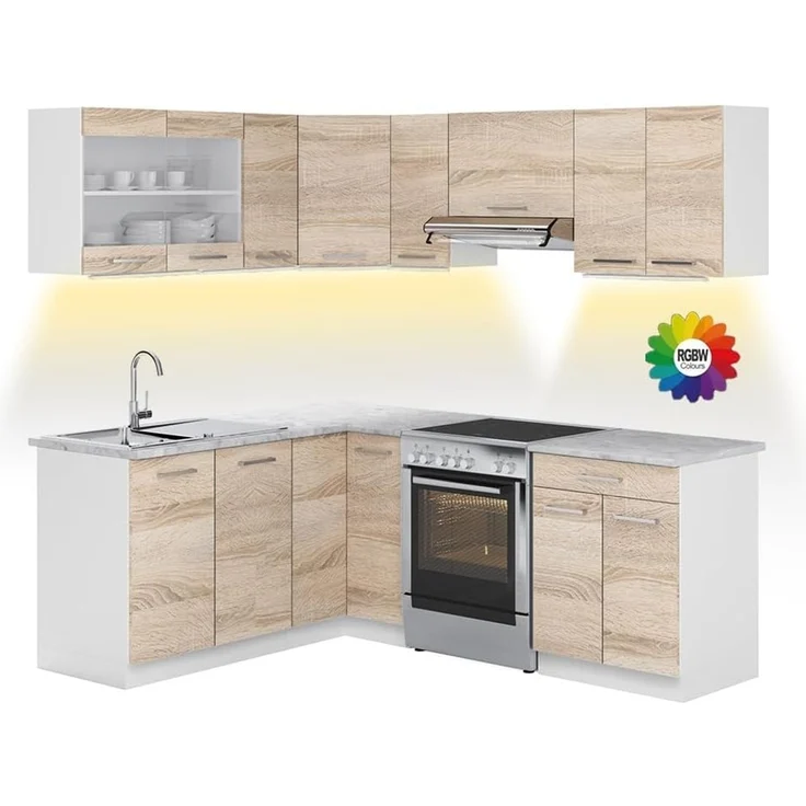 Eckküche Rick Weiß/Sonoma 207 cm , AP Marmor mit LED-Leisten Vicco – Bild 1